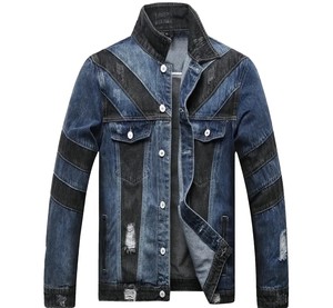 Chaqueta Vaquera Slim Fit para Hombre, Cuello Alto, Diseño con Parches, Desgastada, Estilo Casual Otoñal, Manga Regular, Forro de Algodón - Product Image 1