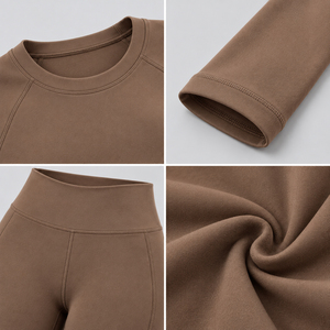 <b>Brown</b> Solid Long Sleeve Raglan Crop Top High Waist <b>Leggings</b> Set <b>Women</b> Minimalist Pilates Yoga Loungewear Front Private Label OEM - Product Image 5