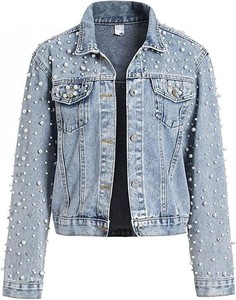 Custom Logo Denim <b>Jacket</b> for Women Vintage Pearl Short <b>Rhinestone</b> Breathable Regular Fit Low MOQ Winter Autumn <b>Jackets</b> - Product Image 1