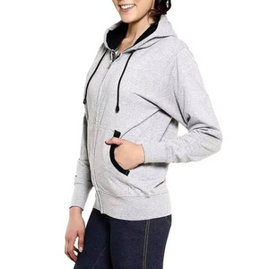 Sudadera con capucha para mujer, color gris, manga larga, con cremallera, color sólido, transpirable, mezcla de algodón tejido, estilo otoñal, sudadera con capucha forrada - Product Image 4