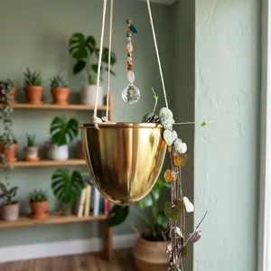 Gold Metal <b>Hanging</b> <b>Planter</b> with Rope Hanger Modern Suspended Flower Pot <b>for</b> Trailing <b>Indoor</b> Plants Minimalist Boho Home Decor - Product Image 5