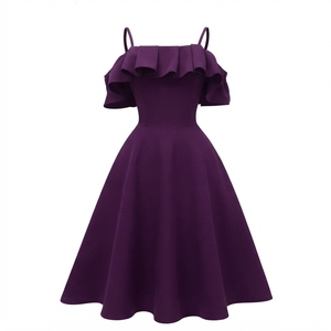 Vestido midi de hombros descubiertos para mujer, morado liso, con volantes, sin mangas, de tela tejida, elegante, acampanado, para fiesta - Product Image 3