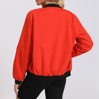 Blouson bomber rouge pour femme, manches longues, col montant, fermeture éclair, couleur unie, bordure contrastante, polyester tissé, vêtement d'automne