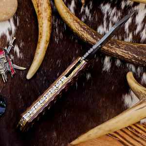 Couteau pliant artisanal professionnel en acier Damas, de qualité industrielle, pour le camping en extérieur, avec étui. - Product Image 5