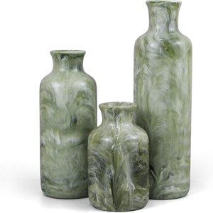 Ensemble de 3 vases à fleurs évasés en résine de marbre vert, faits à la main, écologiques, pour centre de table moderne dans le salon - Product Image 1