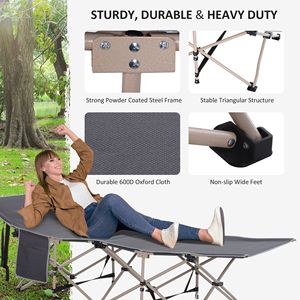 Lit de camping pliable inclinable pour adultes, gris, portable, en fer, pour dormir en extérieur, avec sac de transport et poches latérales pour les voyages et les vacances - Product Image 5