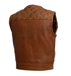 Men's <b>Brown</b> <b>Leather</b> Biker Vest Crew Neck Quilted Pattern Pockets Motorcycle Sleeveless <b>Jacket</b> Eco-Friendly Front Logo Winter - Product Image 5