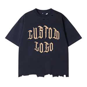 Custom Logo Oversized Black <b>T</b>-<b>Shirt</b> Men Street Style Short Sleeve Printed Jersey Cotton O-Neck Distressed Design - Product Image 2