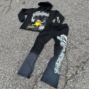 Ensembles de survêtements épais personnalisés en polyester/coton délavé à l'acide, écologiques, pour sweats à capuche zippés et pantalons de jogging évasés - Product Image 5