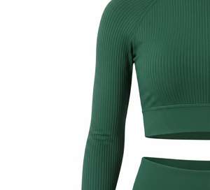 Seamless Ribbed Nylon 2-Piece Yoga Set <b>Mock</b> <b>Neck</b> Long Sleeve Crop <b>Top</b> & High Waist Tummy Control Sublimation Printed Leggings - Product Image 2