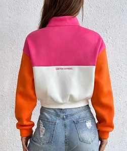 <b>Women's</b> Color Block <b>Quarter</b> <b>Zip</b> <b>Sweatshirt</b> Pink Orange White Stand Collar Cropped Pullover - Product Image 2