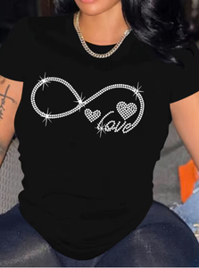 Camiseta de poliéster con cuello redondo y estampado de infinito con diamantes de imitación para mujer, talla grande, elasticidad media, informal, para verano - Product Image 4