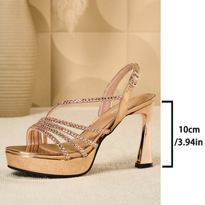 Sandales élégantes à talons hauts et bout pointu avec strass, plateforme métallique, chaussures habillées d'été pour fêtes et soirées - Product Image 6