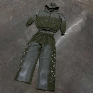 Ensemble de survêtement pour homme style vintage délavé à l'acide avec fermeture éclair, étoiles en strass personnalisées, ensemble de survêtement à capuche long et pantalon de survêtement ample - Product Image 3