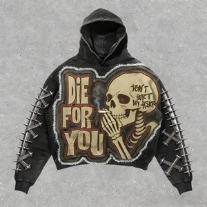 Custom Hoodie OEM Men’s Heavyweight 100% Cotton French Terry Hoodie Oversized Vintage Streetwear Acid Wash Distressed <b>Applique</b> - Product Image 6