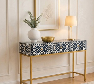 Mesa Consola Geométrica con Incrustaciones de Hueso, Mesa Consola con 3 Cajones, Base de Metal Dorado para Pasillo o Entrada - Product Image 1