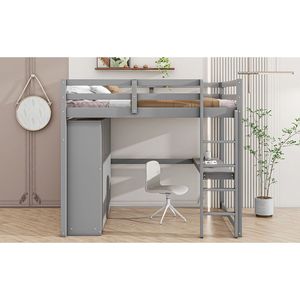 Letto a soppalco matrimoniale grigio con armadio integrato, scrivania, scaffali portaoggetti e cassetti - Legno - Product Image 6