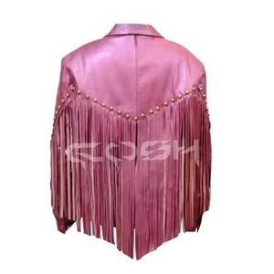 เสื้อแจ็คเก็ตหนังสีชมพูประดับพู่และหมุดทองสไตล์ตะวันตกสำหรับผู้หญิง ขายส่งจากผู้ผลิตเสื้อแจ็คเก็ตแบบครอปสไตล์ไบค์เกอร์ - Product Image 6