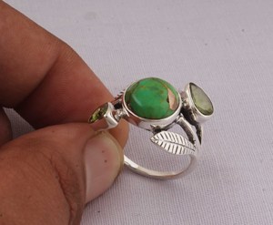 Natural Green Copper <b>Turquoise</b> Bezel Setting Leaf <b>Ring</b> 925 Sterling Silver Classic Organic Leaf Design Gemstone <b>Ring</b> - Product Image 4