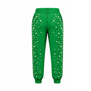 Green Pearl Beaded Jogger Pants Women Luxury Embellished Drawstring Sweatpants Casual Streetwear <b>Fleece</b> <b>Trousers</b> With Pockets - Product Image 2