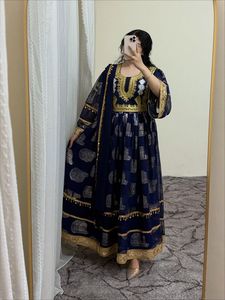 Heavy Embroidery <b>Chiffon</b> Maxi Frock Afghani <b>Dress</b> With Gold Trim Long Sleeve A-Line Boho Style Kuchi Party Gown Wedding <b>Dresses</b> - Product Image 4