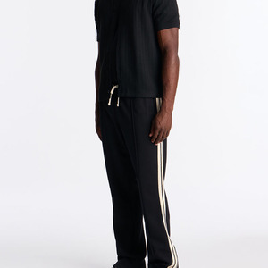 Custom Logo Men's <b>Black</b> Pleated <b>Trousers</b> With <b>White</b> Side <b>Stripes</b> Elastic Waist Casual Fit Polyester Spring Wear Fitness Pants - Product Image 4