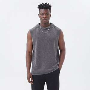 Camiseta sin mangas con capucha para hombre, de punto lavado, informal, estilo musculoso, para entrenamiento, gimnasio, cuello redondo, para verano - Product Image 1