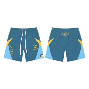 Short coupe-vent en micro-polyester Taslon 120 GSM de qualité supérieure, bleu et jaune, pour homme, taille mi-haute avec cordon de serrage, imprimé sérigraphié - Product Image 1