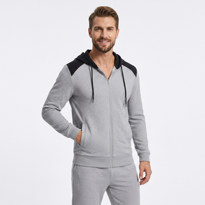 Survêtement gris à capuche pour homme, manches longues, fermeture éclair, décontracté, couleur unie, polyester et coton respirant, idéal pour l'automne - Product Image 6