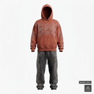 Conjunto de Sudadera con Capucha Marrón Oxidado Personalizado y Pantalones Jogger Negros de Pierna Ancha con Detalles de Pedrería, de Algodón Afelpado, Estilo Urbano, Venta al por Mayor OEM - Product Image 4