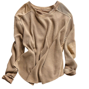 Camiseta de Manga Larga con Cuello Redondo y Tejido Waffle Extra Grande Personalizada para Mujer, Color Oliva, Transpirable, Corte Holgado, Informal, para Todas las Temporadas - Product Image 3