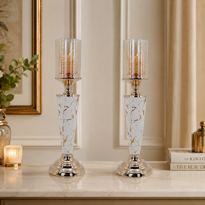 Luxury Marble Effect <b>Candle</b> Holder Set with Gold Metal Base Amber Glass <b>Hurricane</b> Modern Decorative Table Centerpiece - Product Image 2