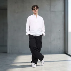 Men's White Mandarin Collar Long Sleeve linen Casual kurta Solid Color Breathable linen Full Sleeve Spring Minimalist Style - Product Image 4