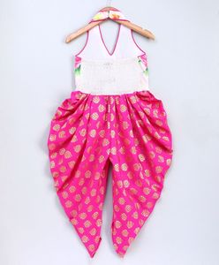 Conjunto Étnico para Niñas, Blusa sin Mangas con Estampado Floral y Pantalones Dhoti con Brocado Rosa, Traje Tradicional para Fiestas Infantiles - Product Image 4