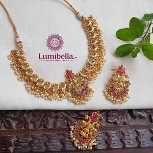 Lakshmi Devi Temple Wedding Necklace and Earring Set-Gold Plated Brass Alloy Fashion Jewelry for Women - Product Image 2