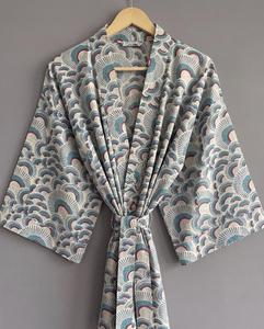 Premium Geometric Printed Women's Kimono Robe <b>Three</b> Quarter Sleeve Loose Maxi Dress With Tie Front Japanese Style 100% Cotton - Product Image 3