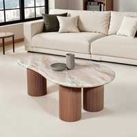 Table basse ovale moderne de luxe avec plateau relevable en marbre durable et base cannelée en bois massif, LINIG FURNITURE WHOLESALE