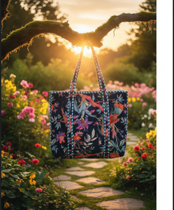 Le Souvenirs Sac de voyage et de shopping léger réversible en velours bleu toutes saisons, style bohème vintage, avec poches intérieures et doublure en toile - Product Image 2