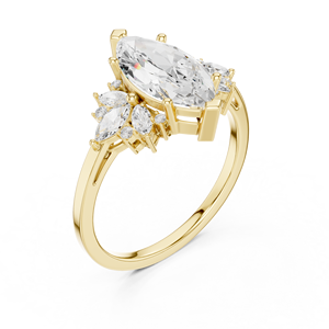 Bague de fiançailles de luxe en or jaune avec pierres d'appoint en halo floral, élégante bague de promesse de mariage pour femme - Product Image 4
