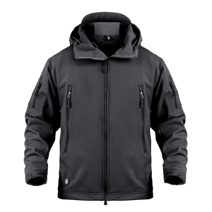 Men's Hooded Fleece Jacket Windproof Polyester Workwear Style Regular Fit Zipper Closure Solid Black Autumn Wear - Product Image 5