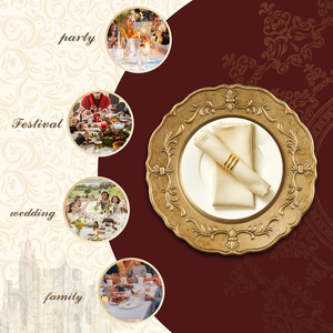 Assiette de présentation vintage dorée ronde décorative, assiette de table festonnée florale pour mariage et réception - Product Image 3