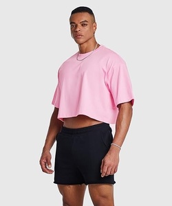 Camiseta Corta Oversize para Hombre, Color Rosa, Manga Corta, Cuello Redondo, Color Sólido, Estilo Casual, Tejido Jersey - Product Image 6