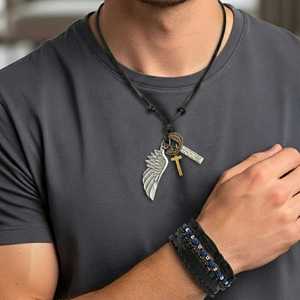ชุดเครื่องประดับแฟชั่นวินเทจ Explorer COMBO ประกอบด้วยจี้รูปทรง Crosswing Relic และสร้อยข้อมือหนัง Twilight Forge สำหรับผู้ชาย - Product Image 4