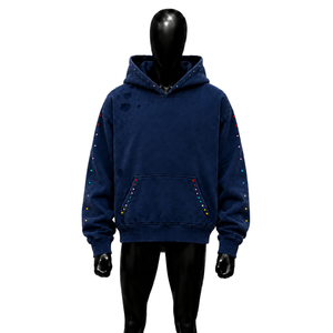 Sweat à capuche bleu marine délavé de qualité supérieure, de luxe, coupe oversize, style urbain déchiré, mode streetwear, coupe décontractée, en coton doux et épais, classique - Product Image 1