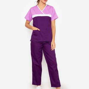 Ensemble d'uniformes médicaux pour femmes, blouses et pantalons doux bicolores à col en V, tenue de travail pour infirmières, spa et instituts de beauté, vente en gros - Product Image 3