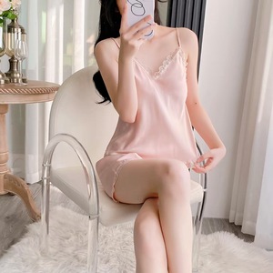 Camisón de Satén para Mujer, Cuello en V, Sin Mangas, con Volantes, Romántico, para Verano, Color Liso - Product Image 4