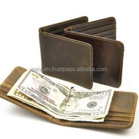 Portefeuille à pince à billets en cuir marron avec emplacements pour espèces et cartes, en cuir de vachette véritable, design fin pour homme