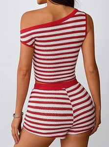 Women's Striped Knitted <b>Crop</b> <b>Top</b> And Shorts Set Off Shoulder Sleeveless Drawstring Waist <b>Red</b> White Two Piece Outfit - Product Image 5