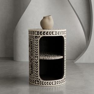 Round Arabic Flower Pattern Bone Inlay Nightstand with Carved Design Double-Tier <b>Storage</b> Bedside Table for Home Office Decor - Product Image 2