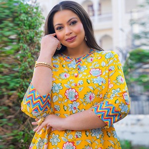 Kurti de Rayón con Estampado Floral, Talla Grande, Color Amarillo, Estilo Étnico, Ropa Femenina, Cómoda, Informal, de Verano, de Secado Rápido - Product Image 6
